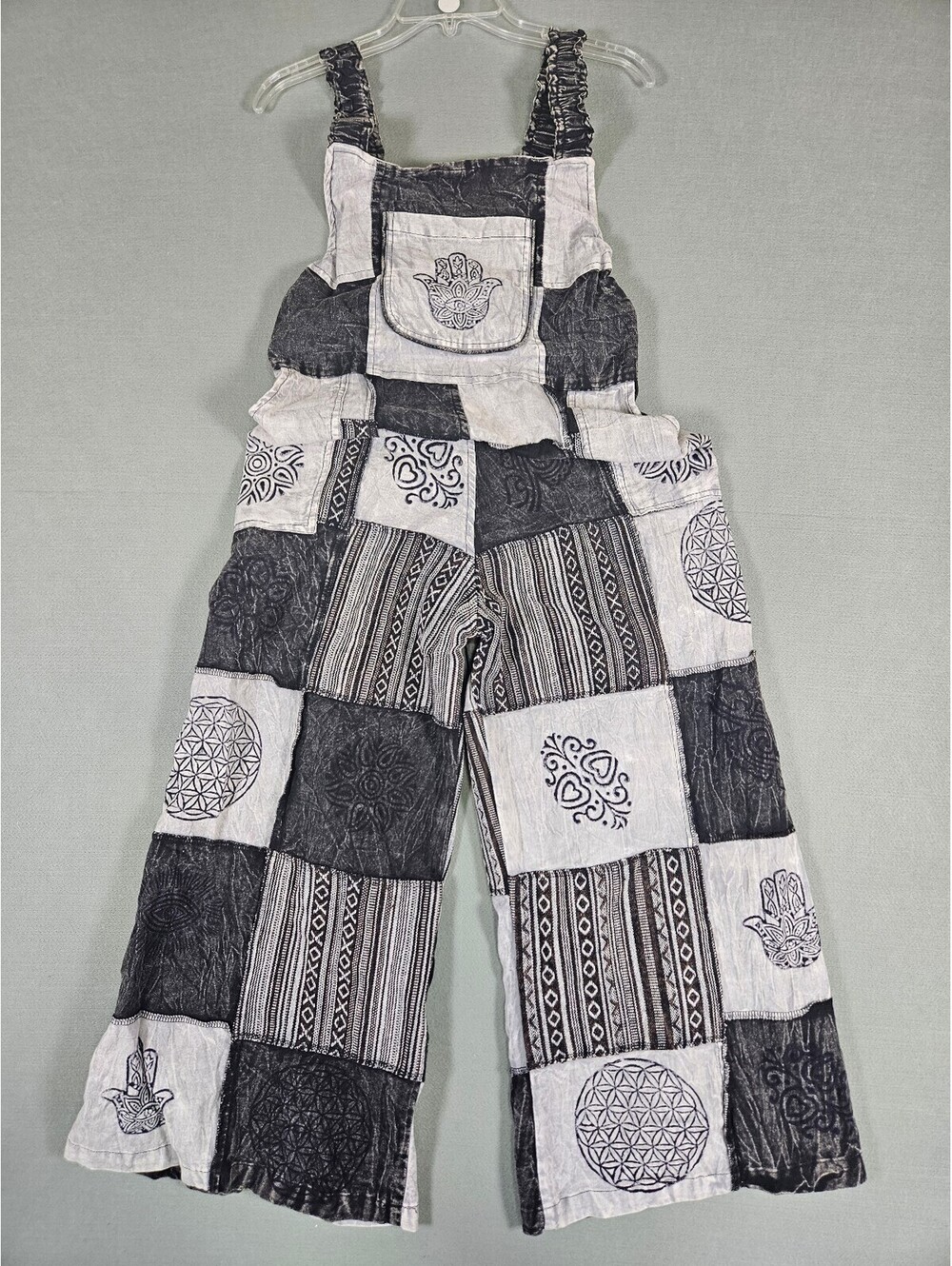 Himalaya Black White Patchwork Boho Overalls Jumpsuit S/M